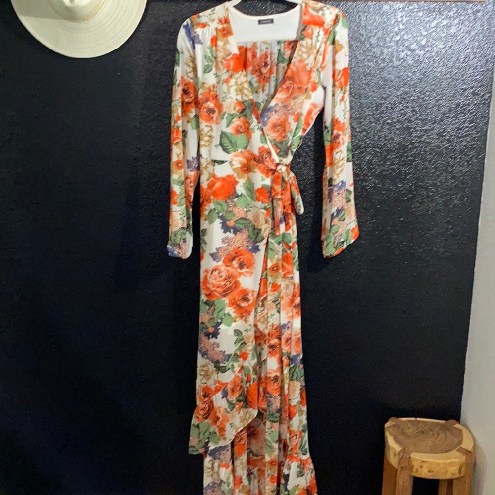 Floral Long Sleeve High/Low Wrap Maxi Dress
